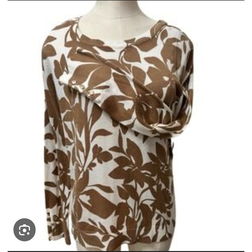 Liz Claiborne Womens Floral Boat Neck Sweater Tan with buttons on cuff Large